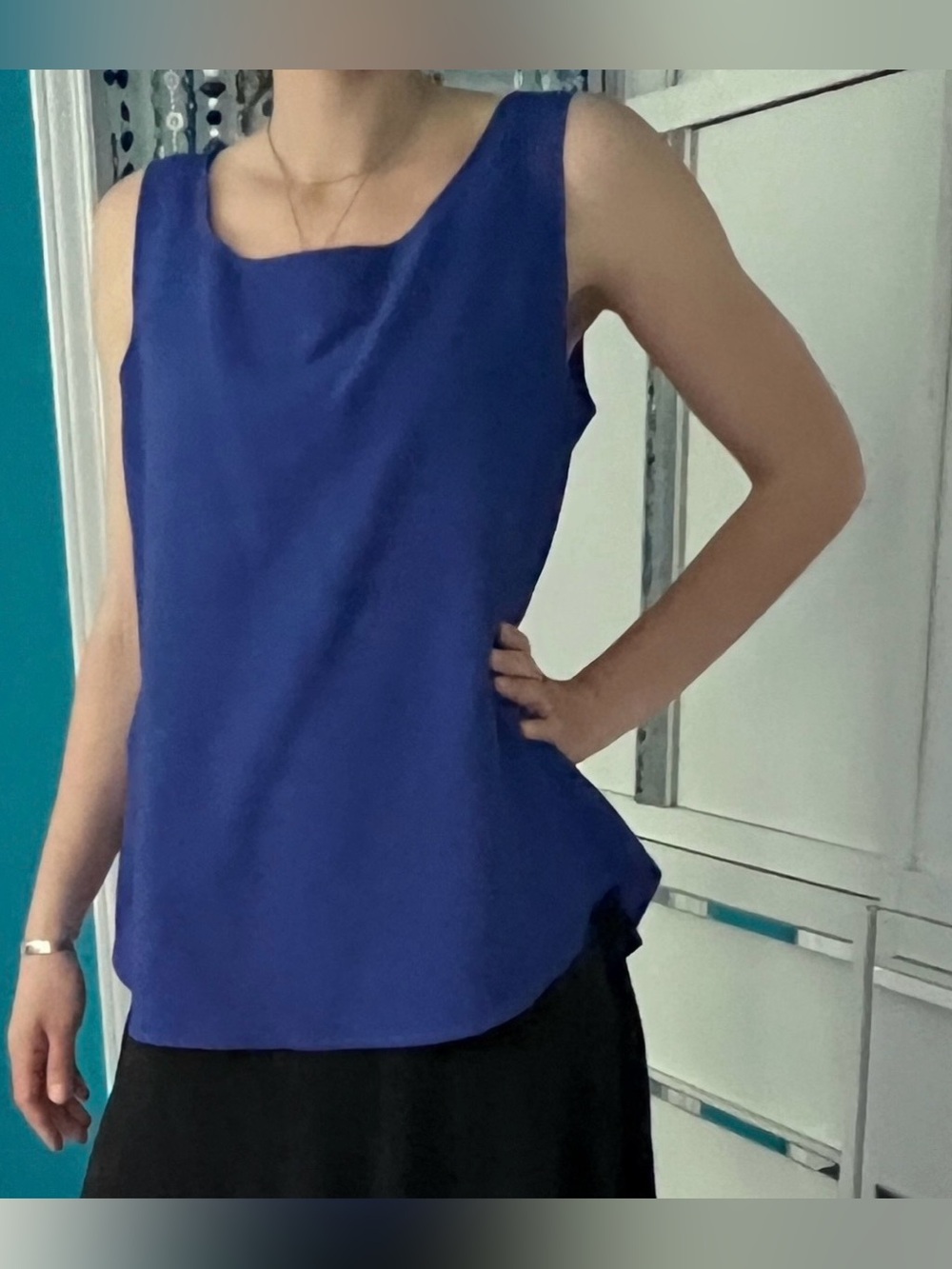 🇨🇦 Vintage 80s Canadian Sleeveless Shell Blouse • Cobalt Blue • Soft Square Neck